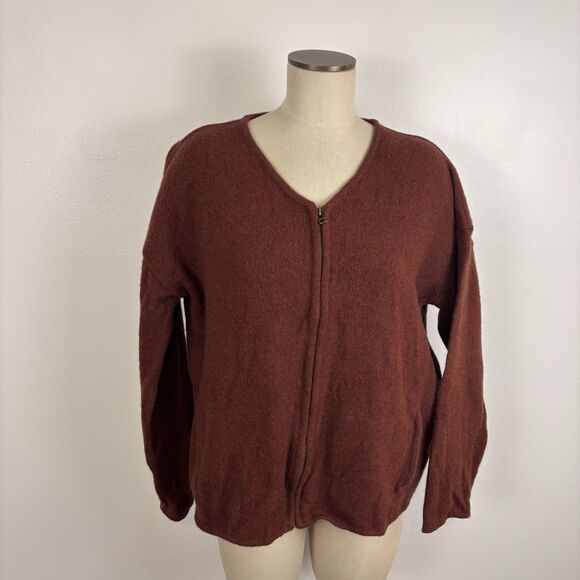 Eileen Fisher Cardigan Sweater Lambs Wool Knit Pockets Zip Up Dark Red M Flawed - Picture 1 of 7